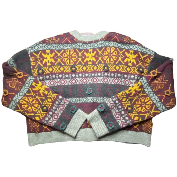 🥮 CROP/WAIST LENGTH CARDIGAN WITH FLOWER APPLIQUÉS | Red multi | Size M-L - Picture 2 of 5